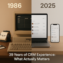Split screen showing 1986 computer with Rolodex versus 2025 modern devices - 39 years of CRM experience in real estate