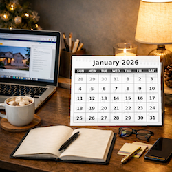 Real estate agent planning content strategy during week between Christmas & New Year